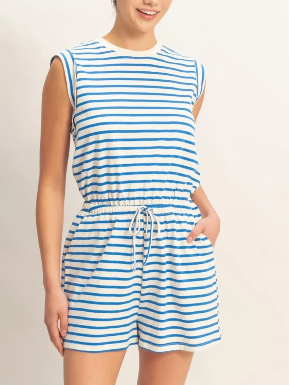 Double Zero Blue and White Striped Drawstring Romper